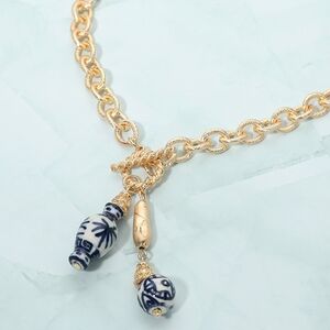 Blue Gold Double Ceramic Pendant Necklace Toggle Link Chain Charm